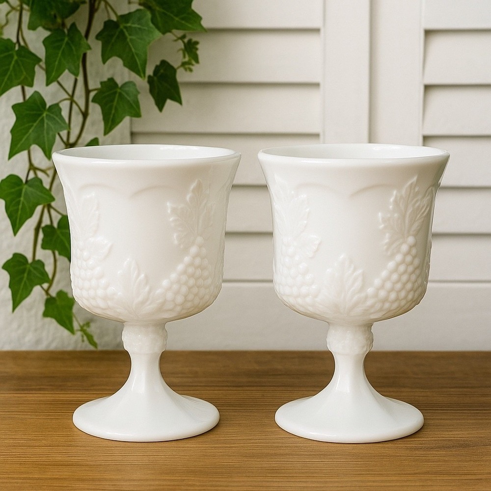 Pair Vintage Indiana Glass Milk Glass Harvest Grape Pedestal Goblets White